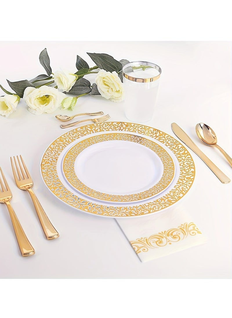 150PCS Gold Plastic Plates With Disposable Plastic Silverware, Plastic Tableware Sets