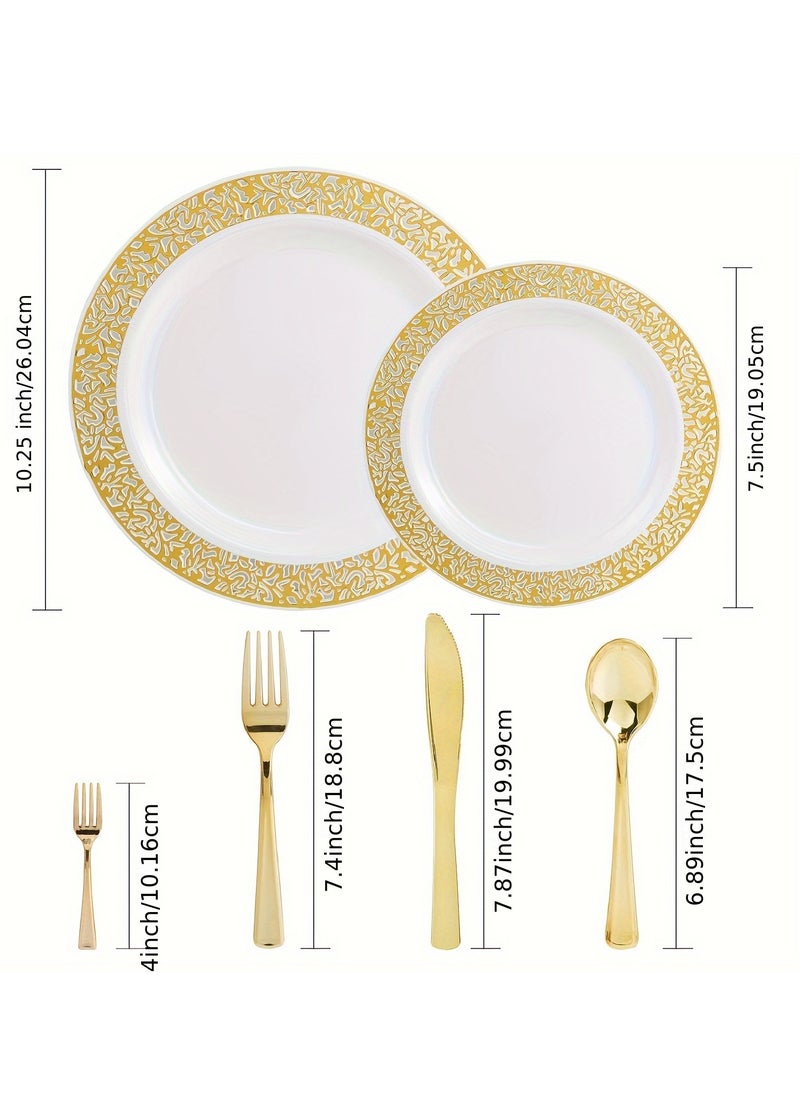 150PCS Gold Plastic Plates With Disposable Plastic Silverware, Plastic Tableware Sets