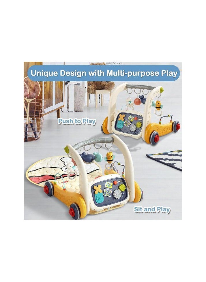 Baby Walker with Play Mat & Adjustable Handle, Fun Interactive Baby Walker, 3 Height Levels, Musical Toys & Play Features, Safe and Comfortable for Babies