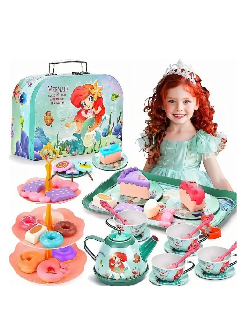 48-Piece Mermaid Tea Party Set for Little Girls, Pretend Tin Teapot Set Party Toys, Princess Tea Time Kitchen Play Toys for Birthday Gifts