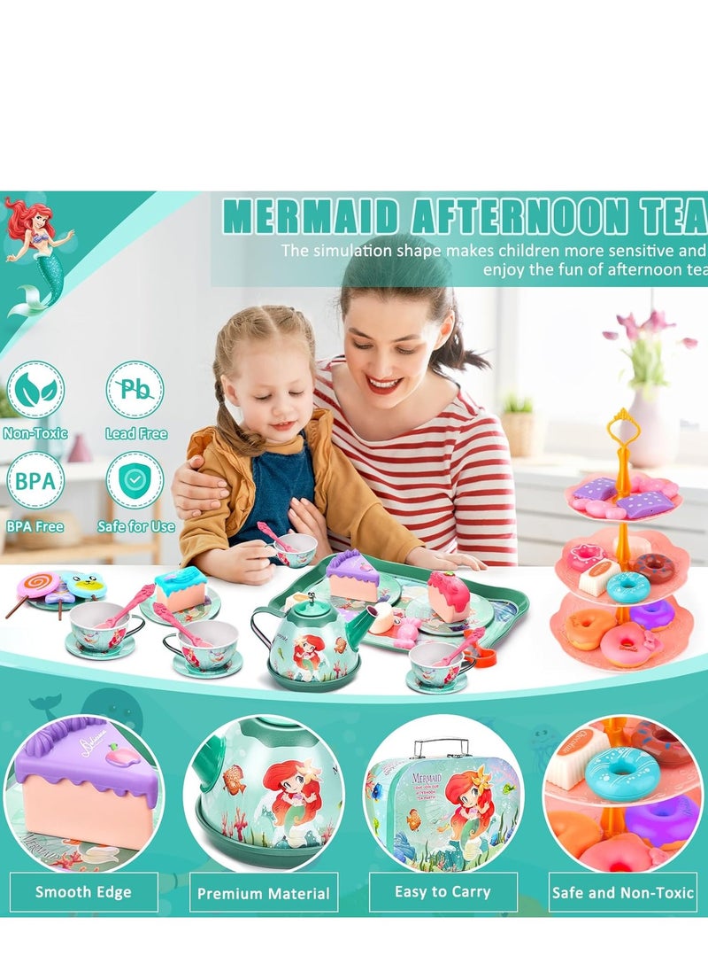 48-Piece Mermaid Tea Party Set for Little Girls, Pretend Tin Teapot Set Party Toys, Princess Tea Time Kitchen Play Toys for Birthday Gifts