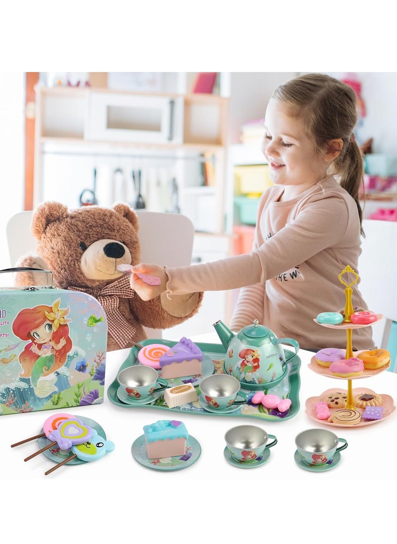 48-Piece Mermaid Tea Party Set for Little Girls, Pretend Tin Teapot Set Party Toys, Princess Tea Time Kitchen Play Toys for Birthday Gifts