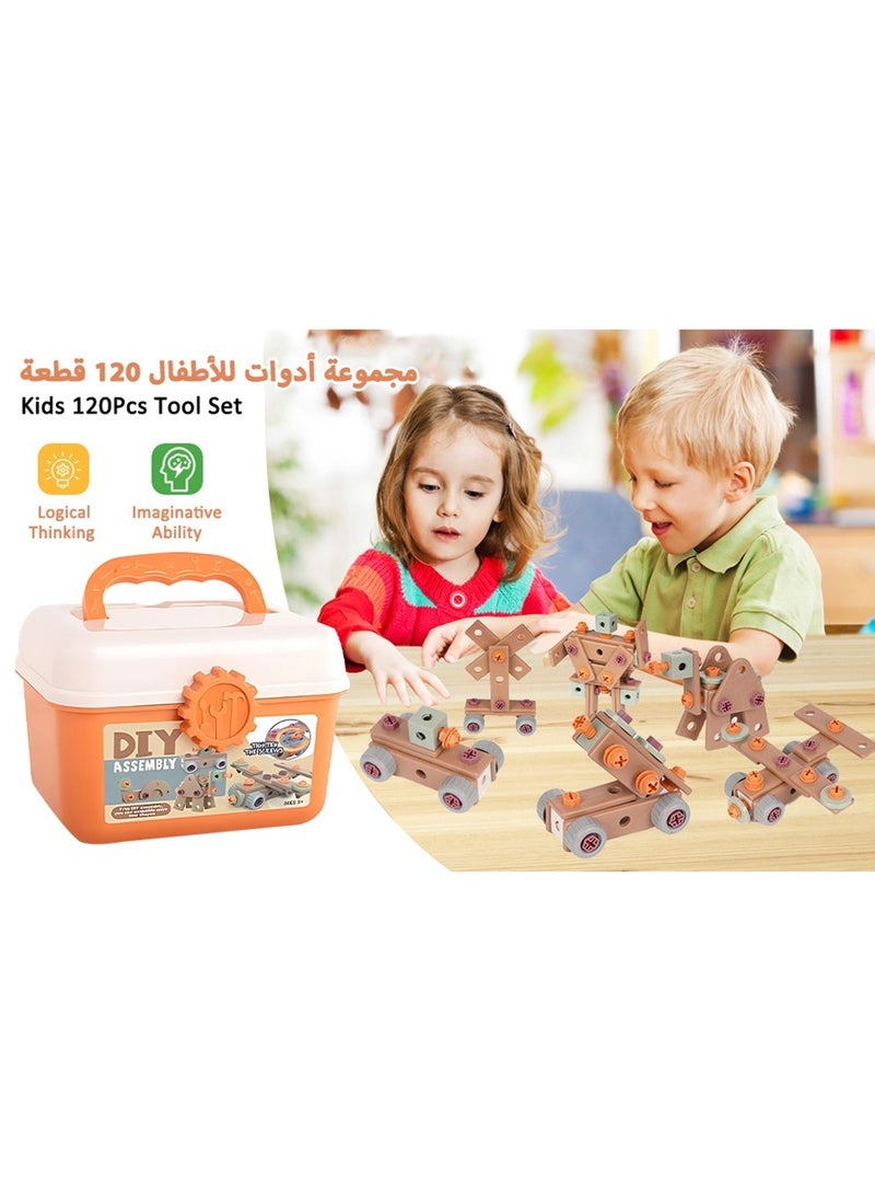 120-Piece Kids Montessori Tool Set, Construction Toy with Storage Box & DIY Screw Puzzle Assembly Pieces,  Creative Engineering Building Kit Pretend Play Toy Gift for Boy Girl