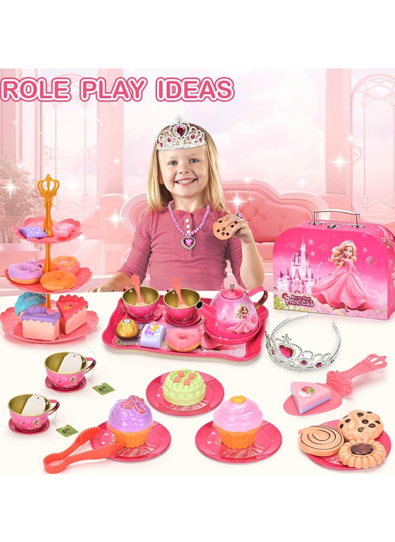 52-Piece Tea Party Set for Little Girls, Pretend Tin Teapot Set, Princess Tea Time Play Kitchen Toy with Cups, Plates and Accessories for Birthday Gifts