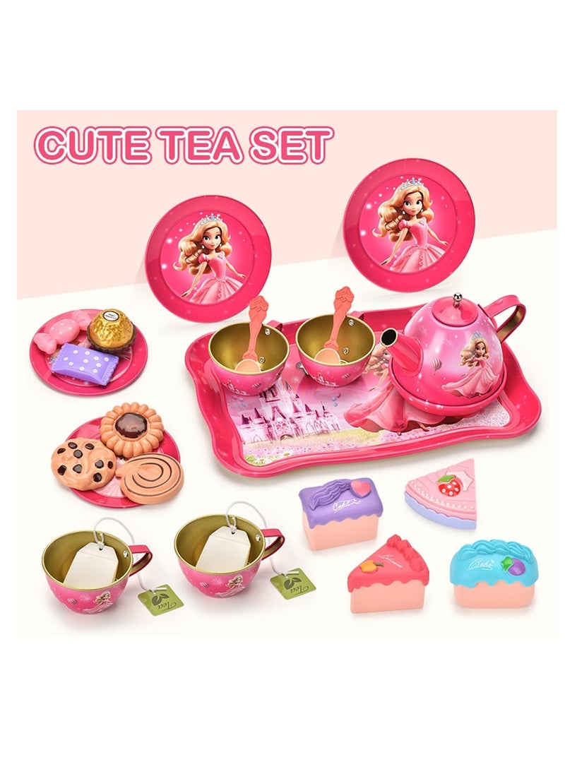 52-Piece Tea Party Set for Little Girls, Pretend Tin Teapot Set, Princess Tea Time Play Kitchen Toy with Cups, Plates and Accessories for Birthday Gifts