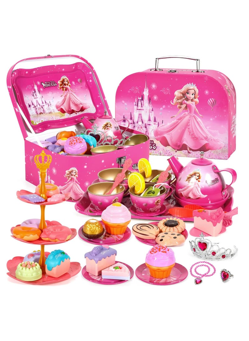 52-Piece Tea Party Set for Little Girls, Pretend Tin Teapot Set, Princess Tea Time Play Kitchen Toy with Cups, Plates and Accessories for Birthday Gifts