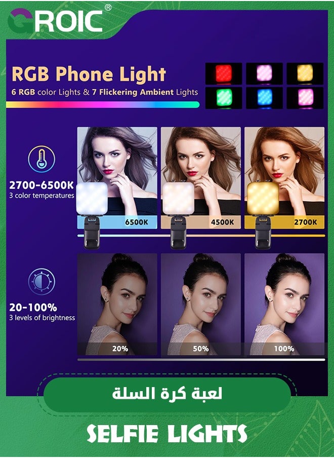 Retractable Phone Light, 3 Light Modes, 13 RGB Portable Selfie Light, Rechargeable Selfie Light for iPhone, Phone, iPads, Laptops for Selfies, TiKTok, Volg, Makeup, Video Conferencing