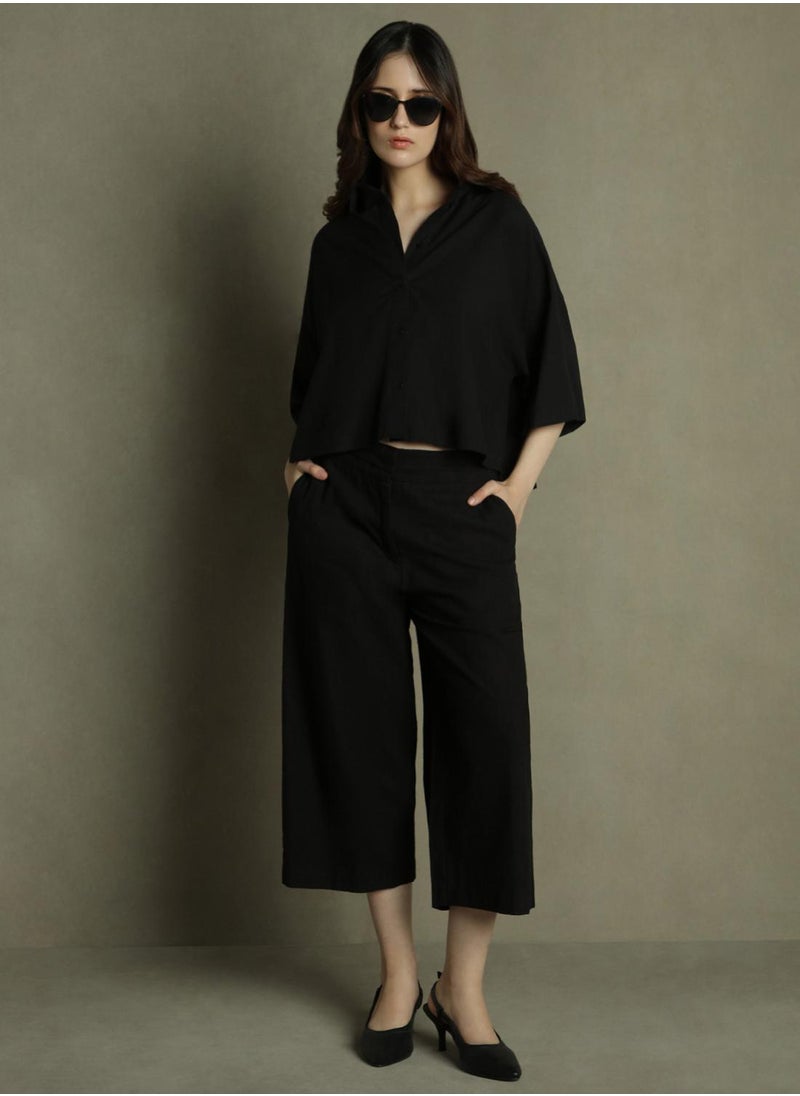 Black Relaxed Fit Culottes Trouser for Women - Cotton Poplin, Full Length, Mid Rise, Casual,