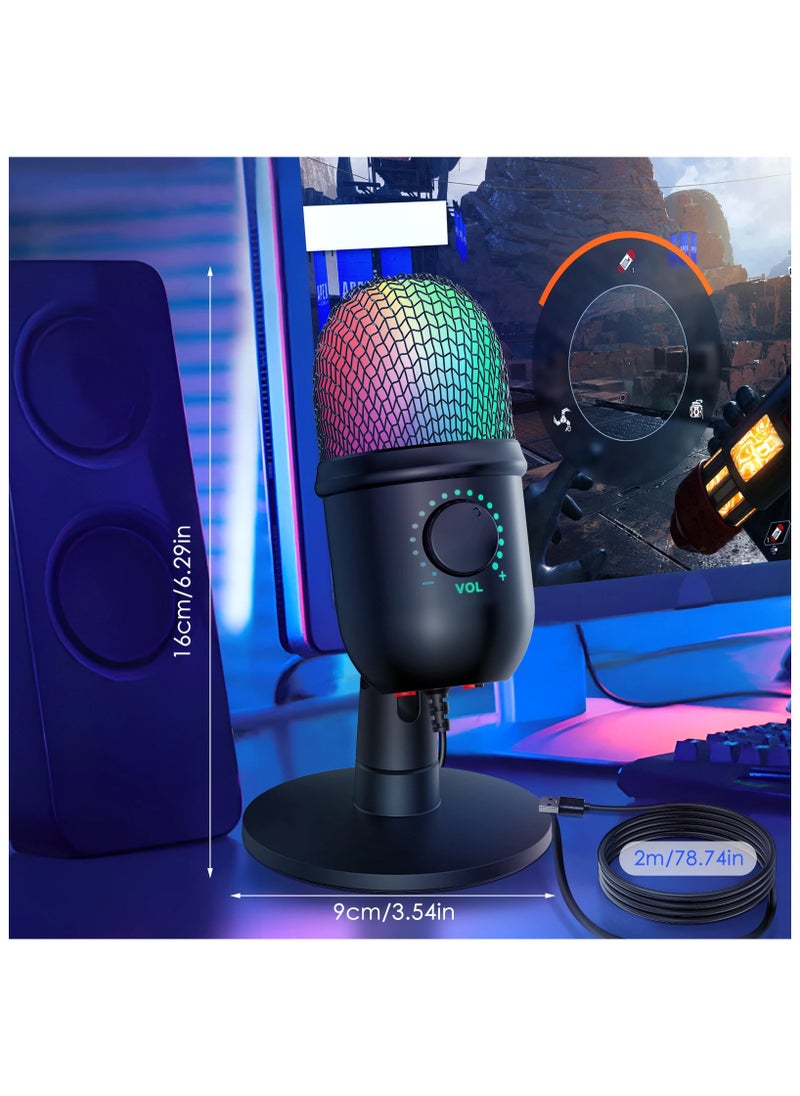 RGB Condenser Microphone Cardioid USB Mic with Colorful Lighting Effect One-Button Mute Real-time Monitoring with Desktop Mic Stand for Laptop PC Live Streaming Video Conference Online Game