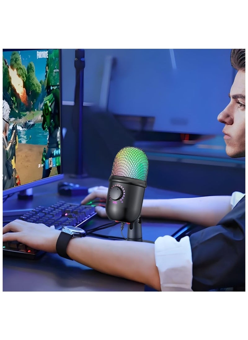 RGB Condenser Microphone Cardioid USB Mic with Colorful Lighting Effect One-Button Mute Real-time Monitoring with Desktop Mic Stand for Laptop PC Live Streaming Video Conference Online Game