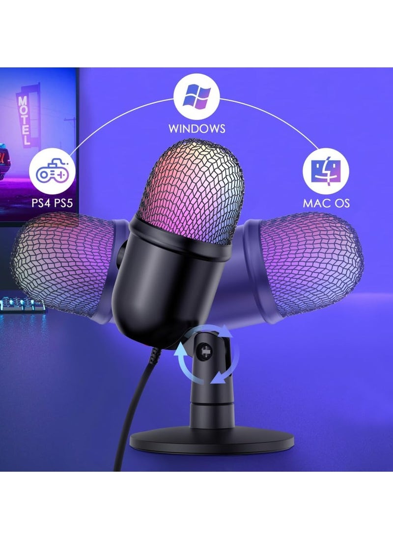 RGB Condenser Microphone Cardioid USB Mic with Colorful Lighting Effect One-Button Mute Real-time Monitoring with Desktop Mic Stand for Laptop PC Live Streaming Video Conference Online Game