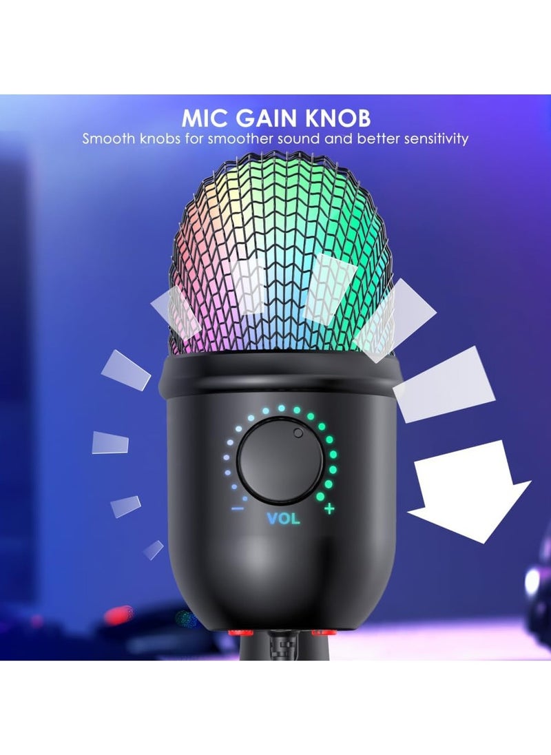 RGB Condenser Microphone Cardioid USB Mic with Colorful Lighting Effect One-Button Mute Real-time Monitoring with Desktop Mic Stand for Laptop PC Live Streaming Video Conference Online Game