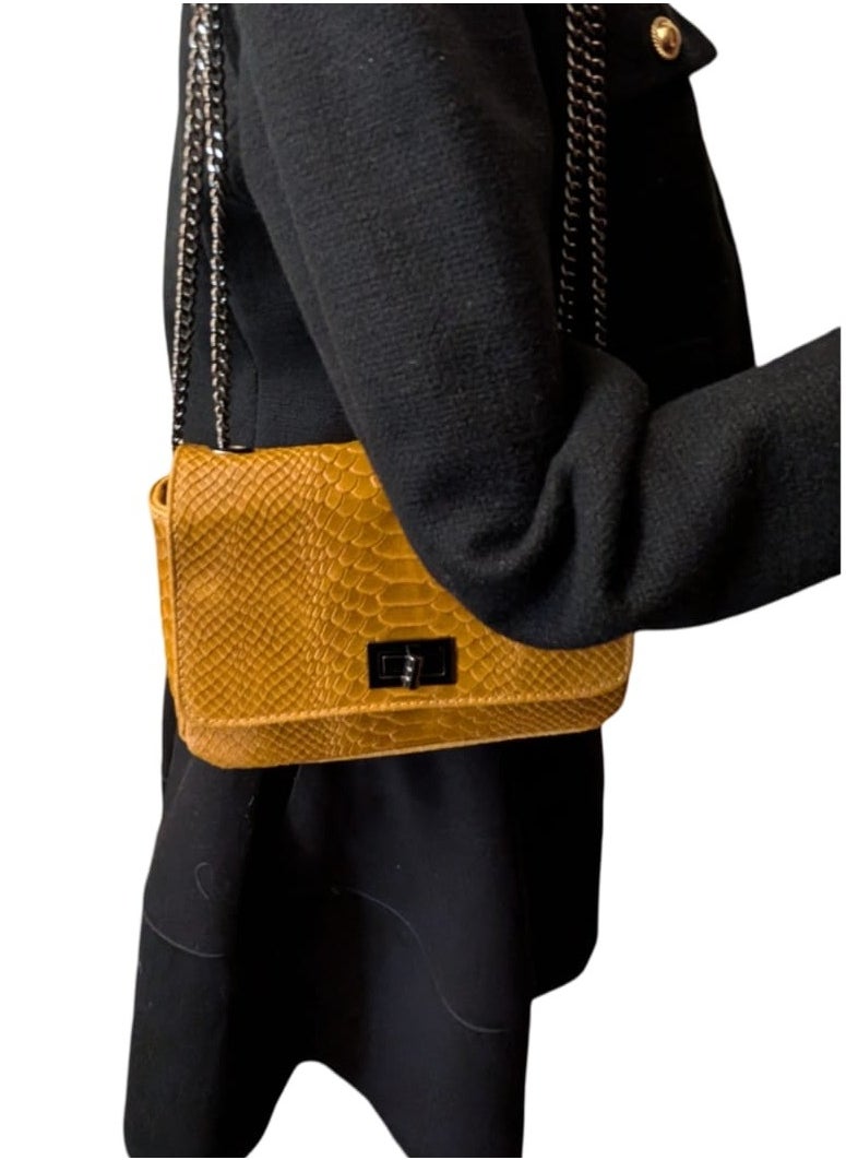 Mustard Handbag, Genuine Real Leather, Made in Italy