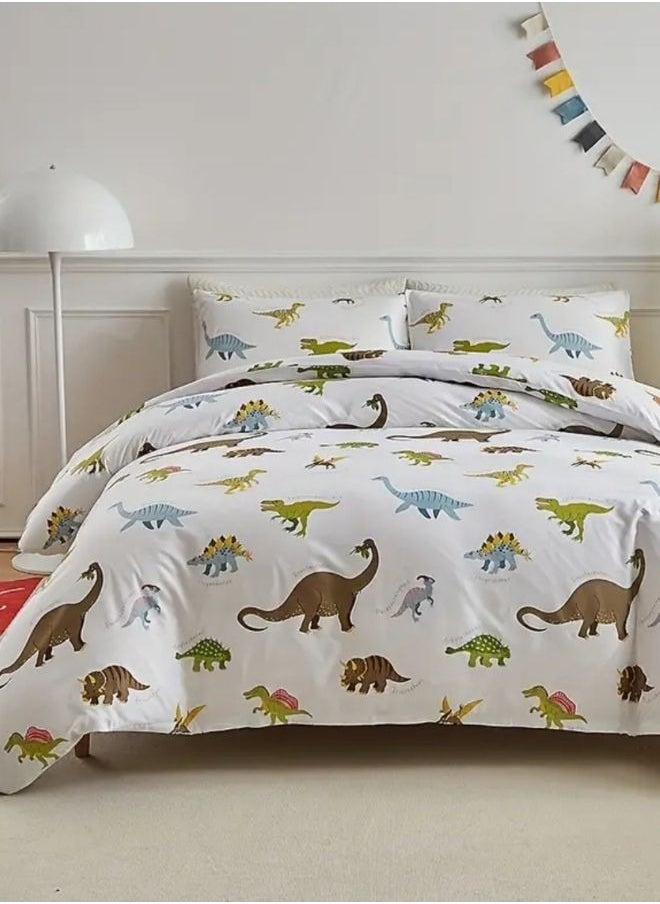 Single size 4 piece bedding set with dinosaur pattern duvet cover.