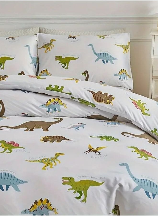 Single size 4 piece bedding set with dinosaur pattern duvet cover.