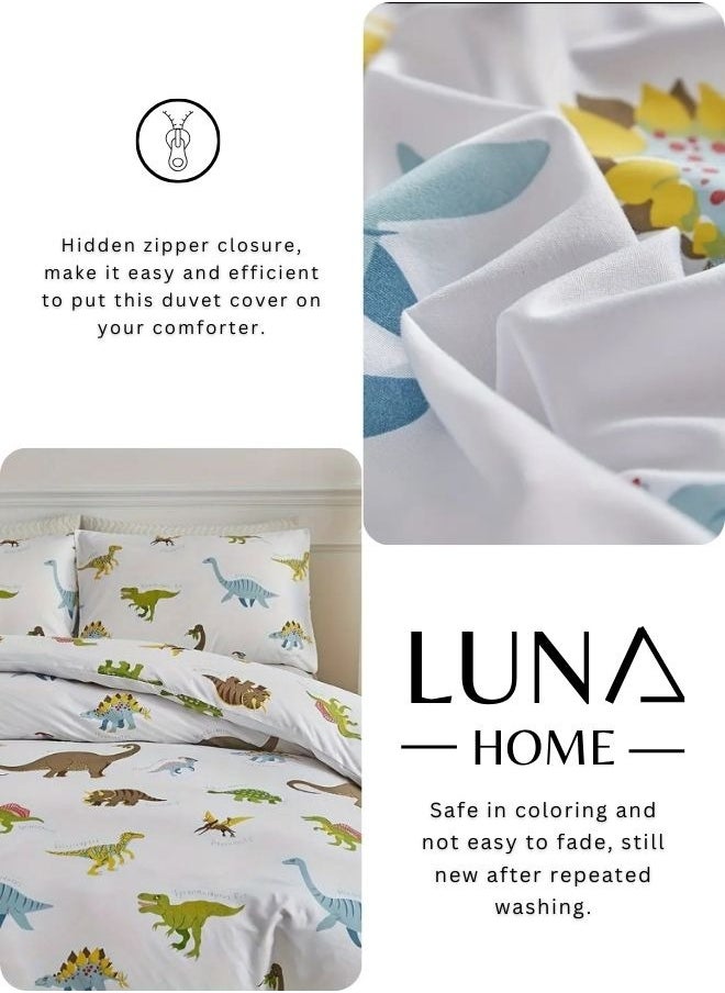 Single size 4 piece bedding set with dinosaur pattern duvet cover.