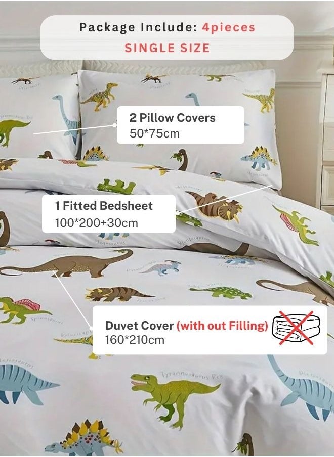 Single size 4 piece bedding set with dinosaur pattern duvet cover.