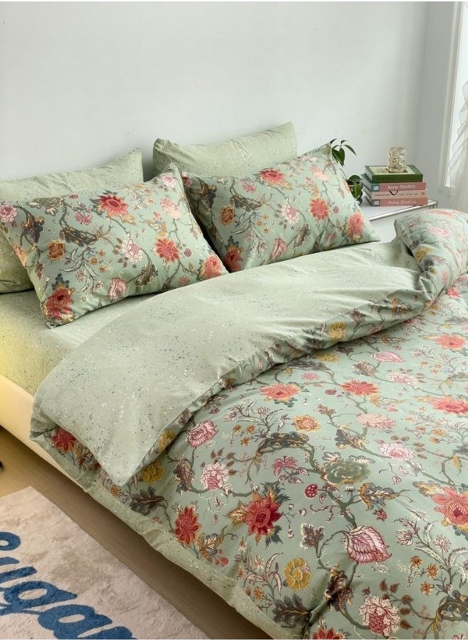 Queen-Size 6 Piece Flower Pattern Duvet Cover in Khaki, featuring a vibrant red floral bedding set.
