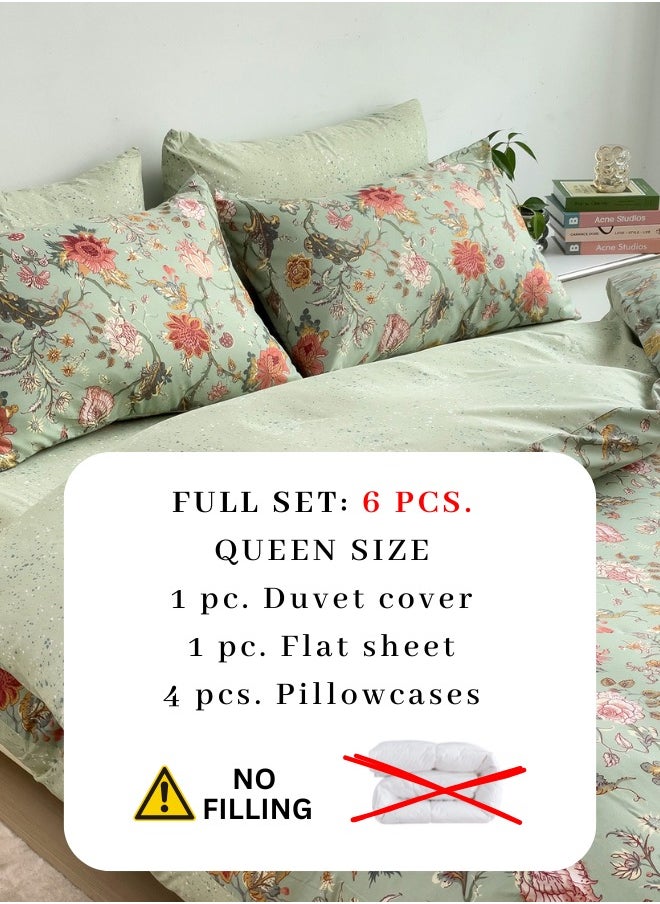 Queen-Size 6 Piece Flower Pattern Duvet Cover in Khaki, featuring a vibrant red floral bedding set.