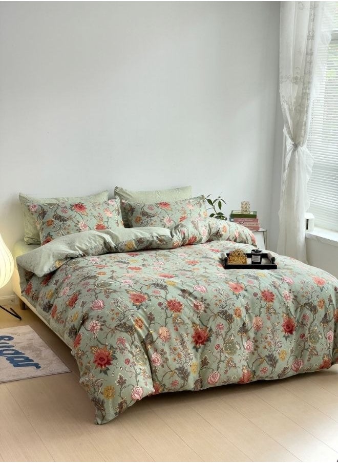Queen-Size 6 Piece Flower Pattern Duvet Cover in Khaki, featuring a vibrant red floral bedding set.