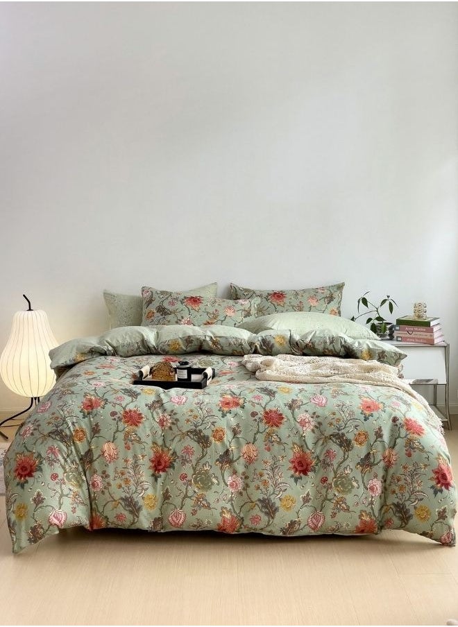 Queen-Size 6 Piece Flower Pattern Duvet Cover in Khaki, featuring a vibrant red floral bedding set.
