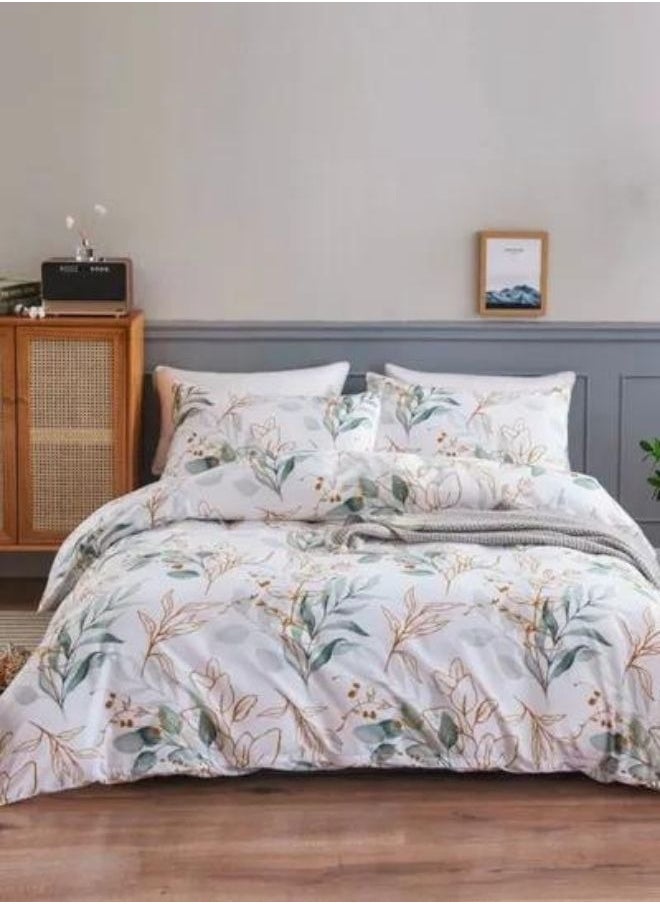 Queen Size Fresh Style Duvet Cover Set White with Green Leaves Bedding Set .