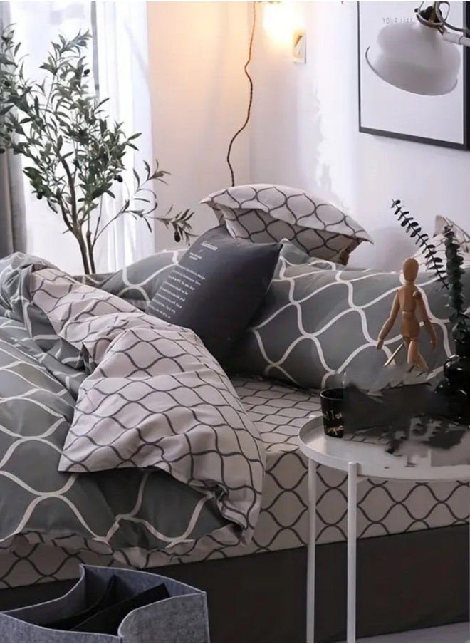 Single size 4 Piece Geometric Pattern Duvet Cover Set Gray & Cream Bedding Set Reversible style.