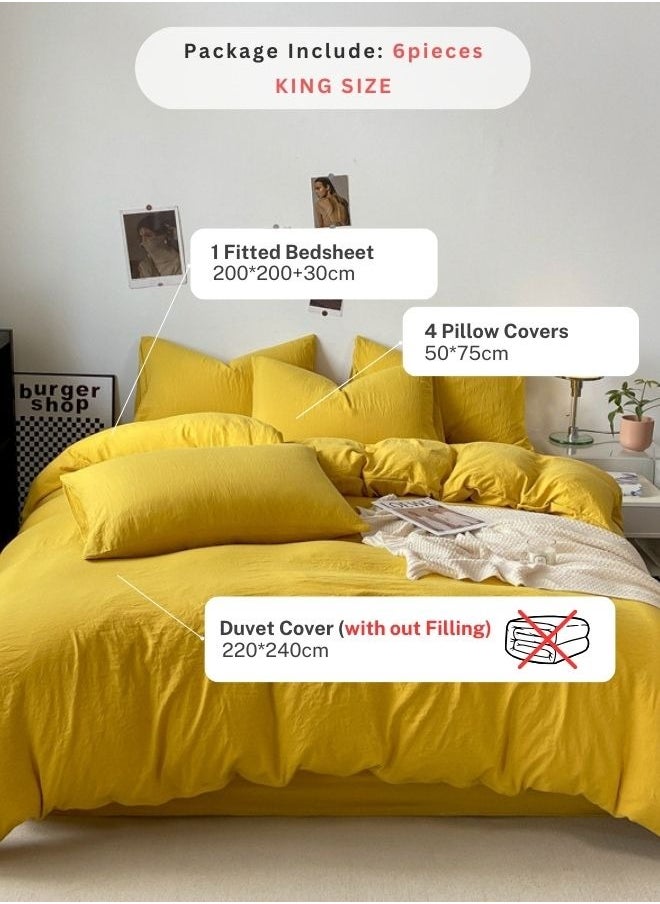 King Size 6 Piece Bedding Set Without Filling, Washable Cotton Yellow Color.