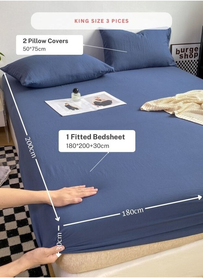 3 Pieces Fitted Bedsheet Set, Washable Cotton, Blue Color, Various Sizes.