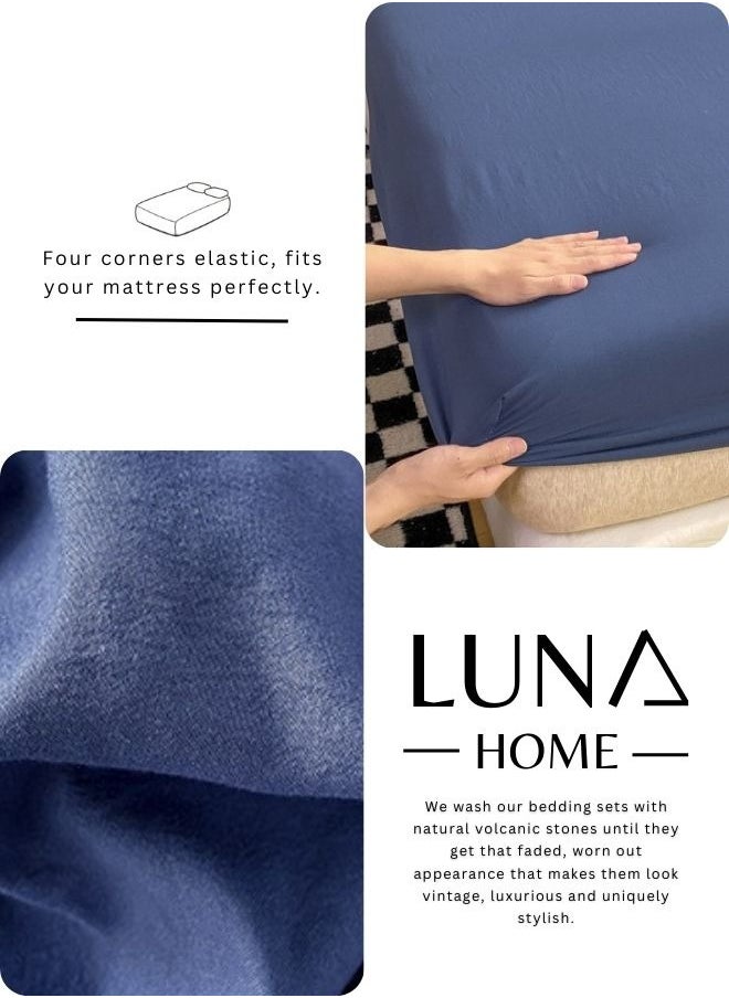 3 Pieces Fitted Bedsheet Set, Washable Cotton, Blue Color, Various Sizes.