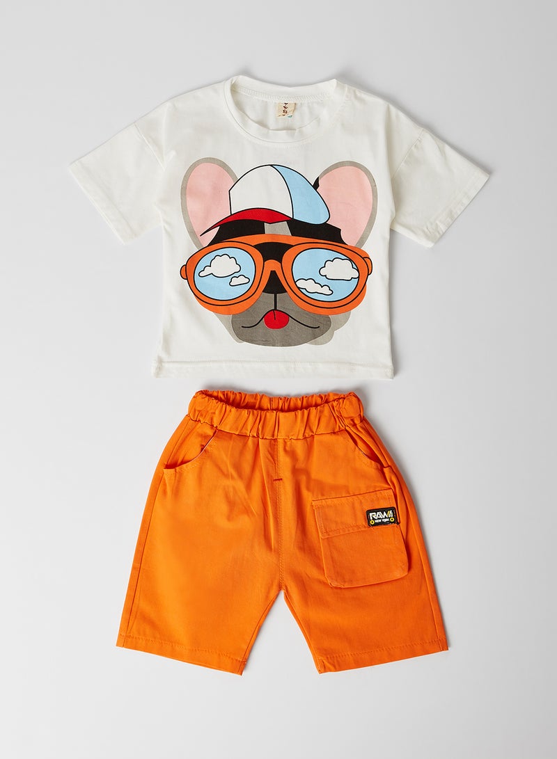 Character Printed Round Neck T-Shirt with Shorts Set Orange