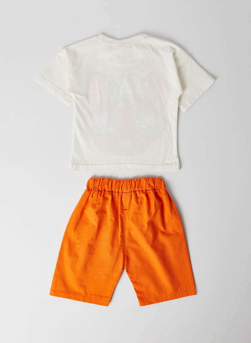 Character Printed Round Neck T-Shirt with Shorts Set Orange