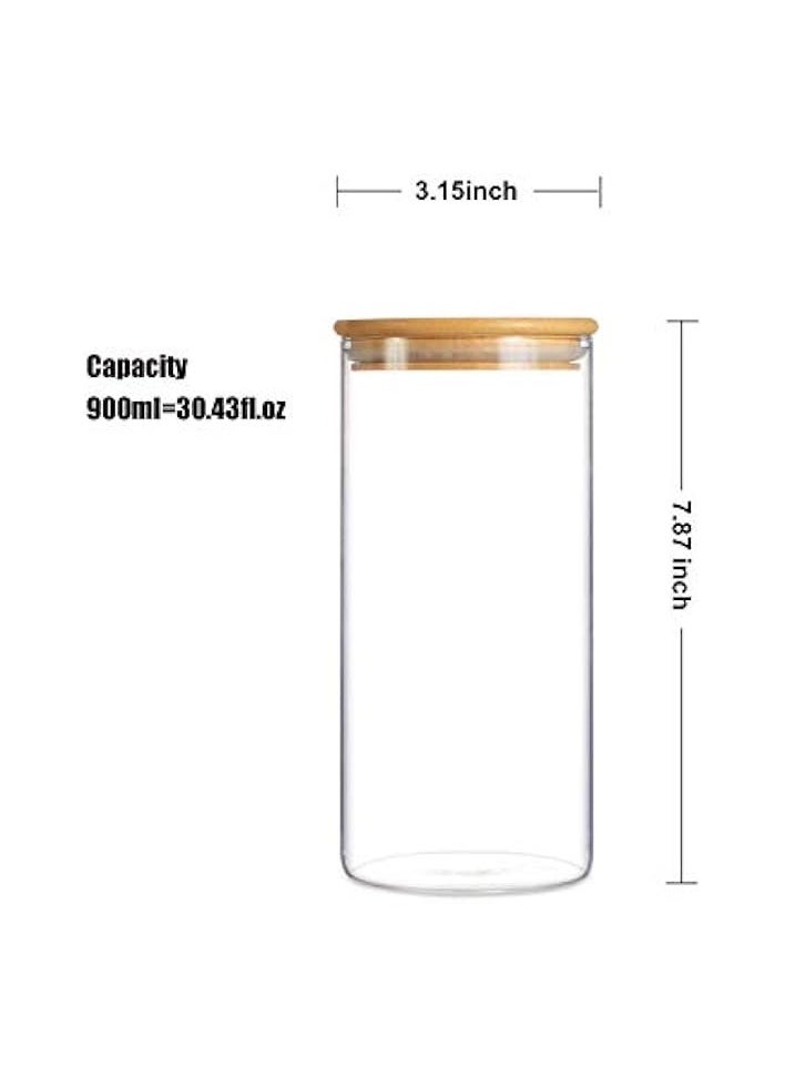 Glass Storage Jars with Lids 1000ML Set of 3 - High Borosilicate Glass Airtight Kitchen Food Canisters Cylinder Clear Preserving Seal Containers with Bamboo Lid for Canning Cereal