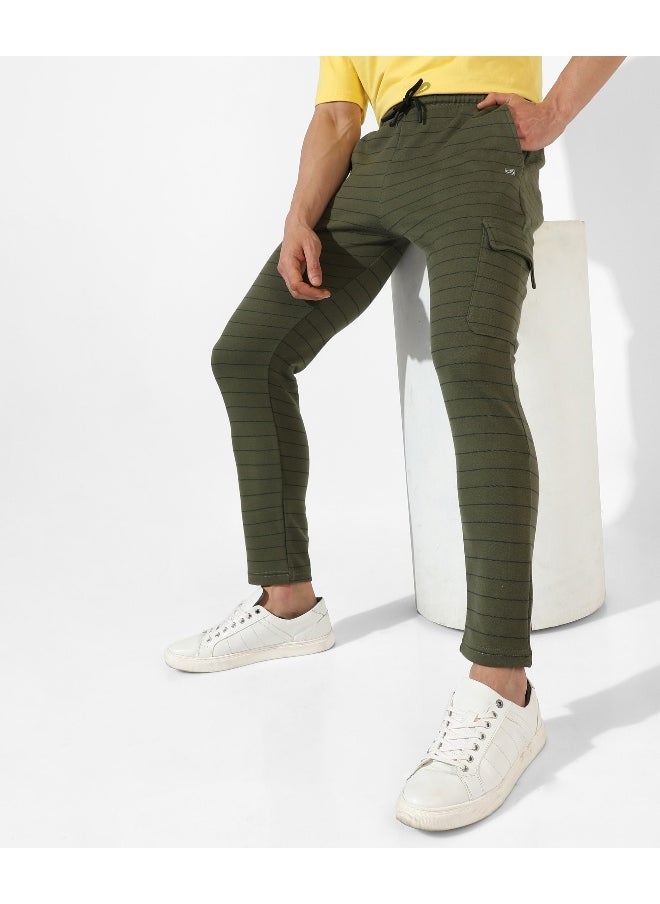 Men's Olive Green Striped Regular Fit Trackpants