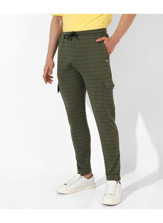 Men's Olive Green Striped Regular Fit Trackpants