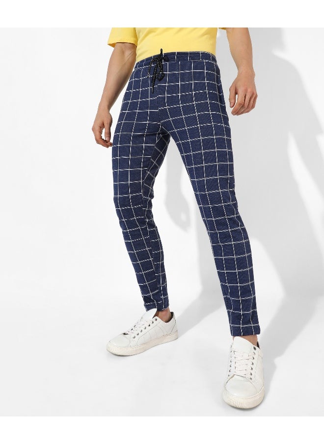 Men's Dark Blue Checkered Regular Fit Trackpants