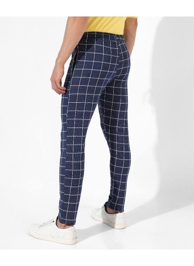 Men's Dark Blue Checkered Regular Fit Trackpants