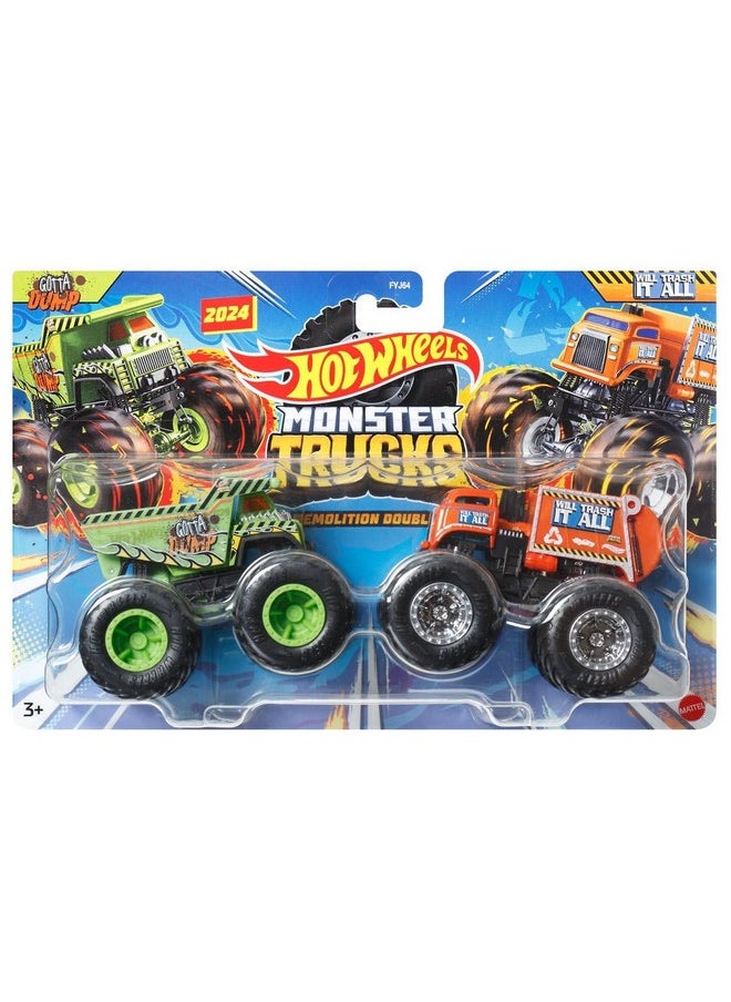 Monster Trucks Demolition Doubles, Set Of 2 Toy Monster Trucks In 1:64 Scale (Gotta Dump Vs Will Trash It All)