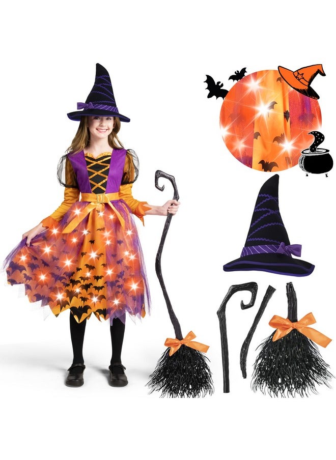 Girls Witch Costume, Light Up Starry Witch Dress With Hat And Broom For Kids, Toddler Halloween Dress Up, Role Play (3T (3-4 Yr))