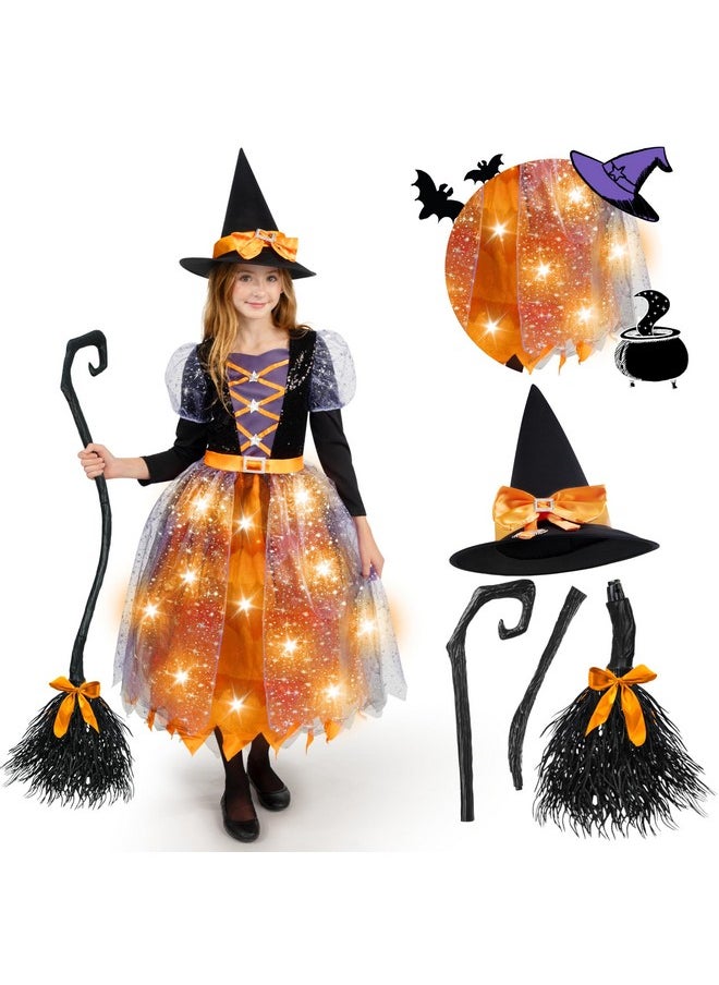 Witch Costume Kids, Light Up Halloween Costumes Witch Dress With Hat And Broom For Girls, Sweet Wizard Set For Toddler Scayr Halloween Themed Parties, Orange, L