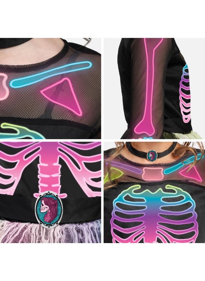 Funky Skeleton Tutu Dress For Girls, Punky Bones Colorful Skeleton Costume For Halloween Dress Party-M