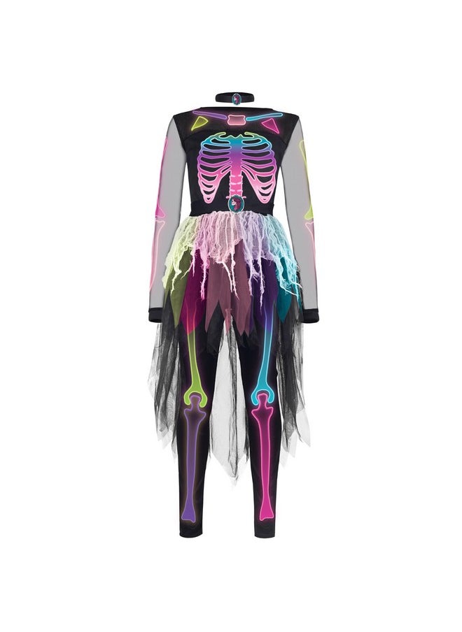 Funky Skeleton Tutu Dress For Girls, Punky Bones Colorful Skeleton Costume For Halloween Dress Party-M