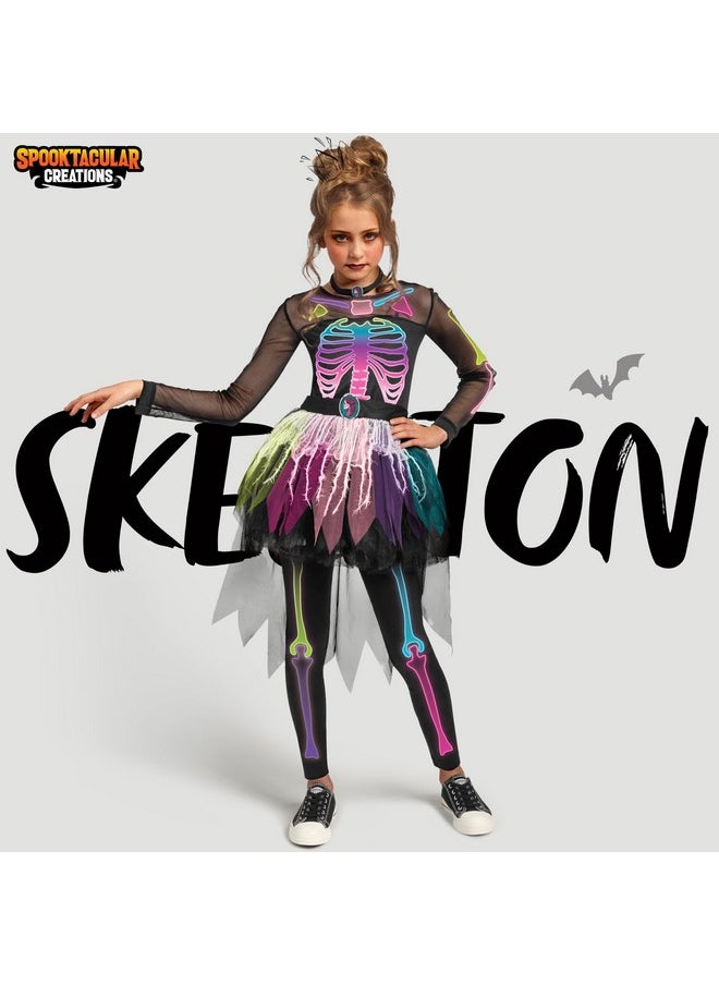 Funky Skeleton Tutu Dress For Girls, Punky Bones Colorful Skeleton Costume For Halloween Dress Party-M