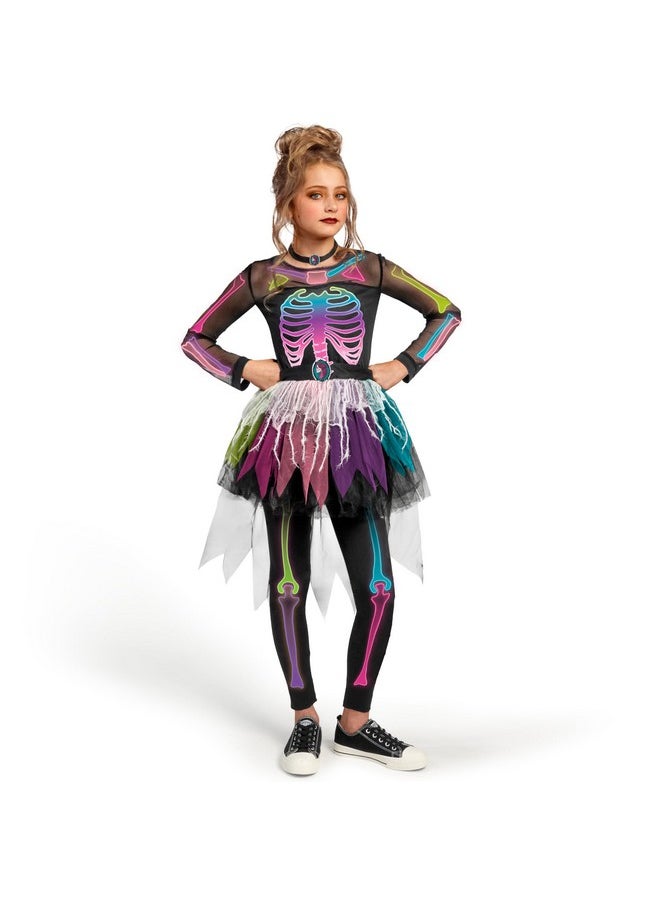 Funky Skeleton Tutu Dress For Girls, Punky Bones Colorful Skeleton Costume For Halloween Dress Party-M