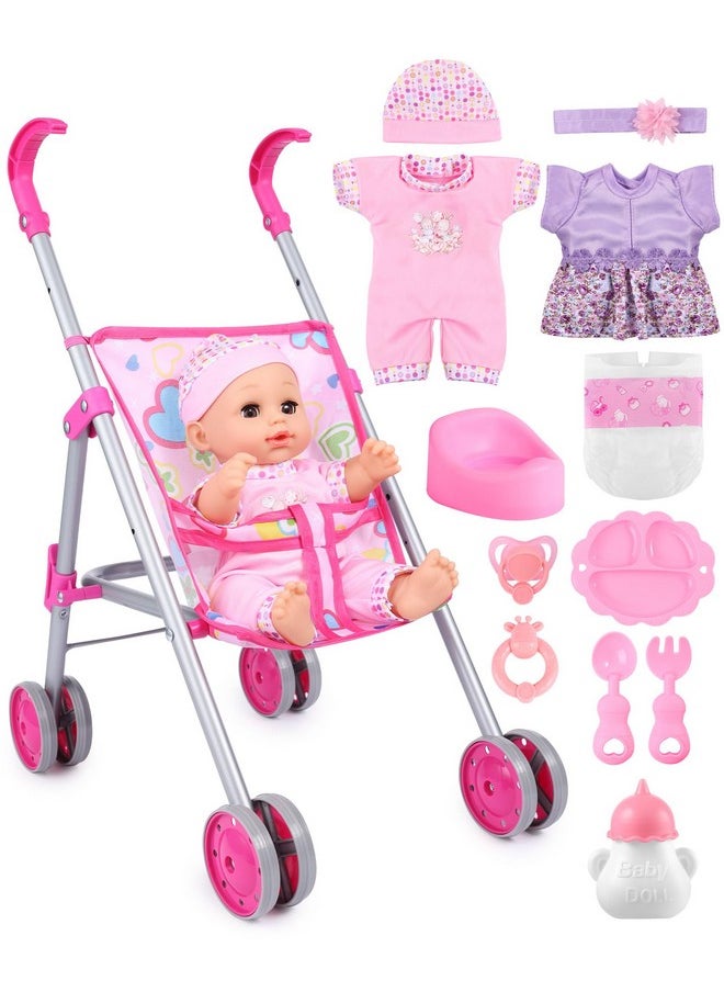 Baby Doll Stroller Set, Doll Stroller With Doll For Toddlers, Toy Baby Doll Strollers For Girls Kids, Including 12