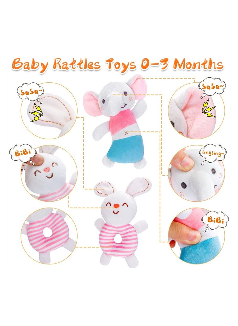 Baby Rattle Toys, 2Pcs Sensory Plush Toy, Toy for 0-6 Months Newborn, Soft Rattles Ring Toy for Infant Shower Gift (Elephant/Bunny)