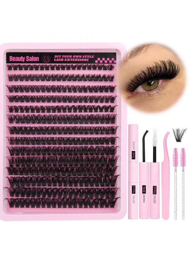DIY Eyelash Extension Kit D Curl Fluffy Wispy Lash Clusters Individual Lashes Lash Extension Kit with Lash Bond and Seal Applicator Tool for Self Application at Home (80P-280Pcs-Mix10-16mm-0.07D)