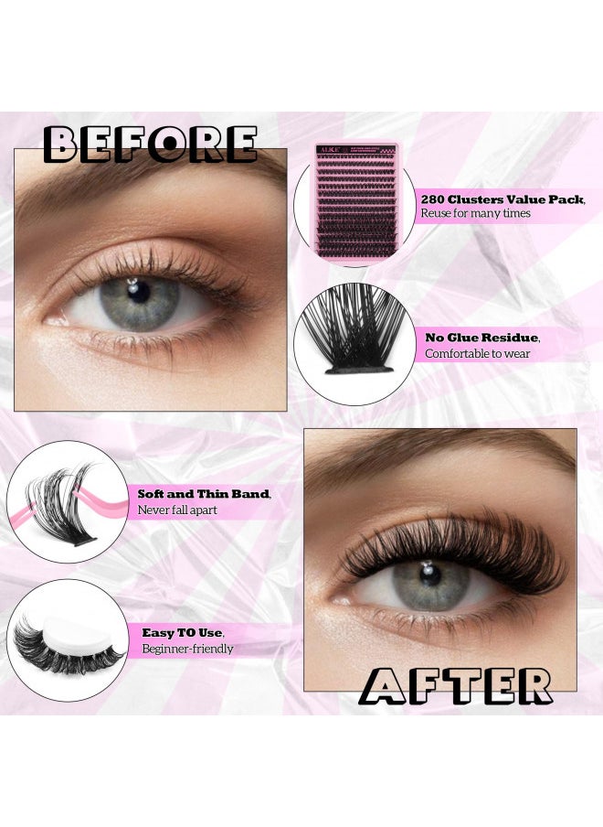 DIY Eyelash Extension Kit D Curl Fluffy Wispy Lash Clusters Individual Lashes Lash Extension Kit with Lash Bond and Seal Applicator Tool for Self Application at Home (80P-280Pcs-Mix10-16mm-0.07D)