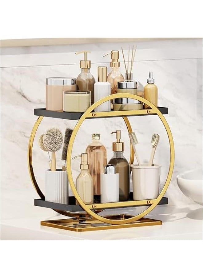 2 Tier Perfume Organizer, Bathroom Organizer Countertop, Dresser Makeup Vanity Skincare Storage Tray Shelf Rack Senior Room Decor Aesthetic Display Accessories (Black Gold)