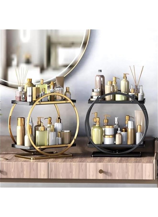 2 Tier Perfume Organizer, Bathroom Organizer Countertop, Dresser Makeup Vanity Skincare Storage Tray Shelf Rack Senior Room Decor Aesthetic Display Accessories (Black Gold)